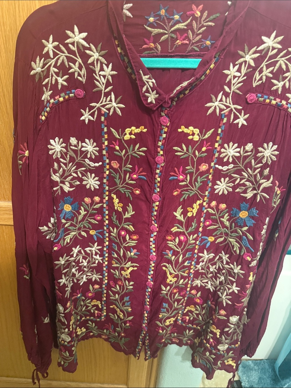 Johnny Was Rayon Burgundy Embroidered Floral Button-Down Top